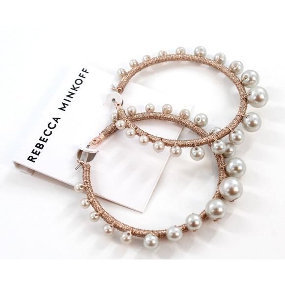 Rebecca Minkoff Rose Gold Tone Morocco Pearl Hoops $48 Tags #RM331 - Picture 2 of 3